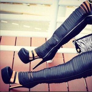Women's Black Gladiator Thigh High Platform Boots 7.5